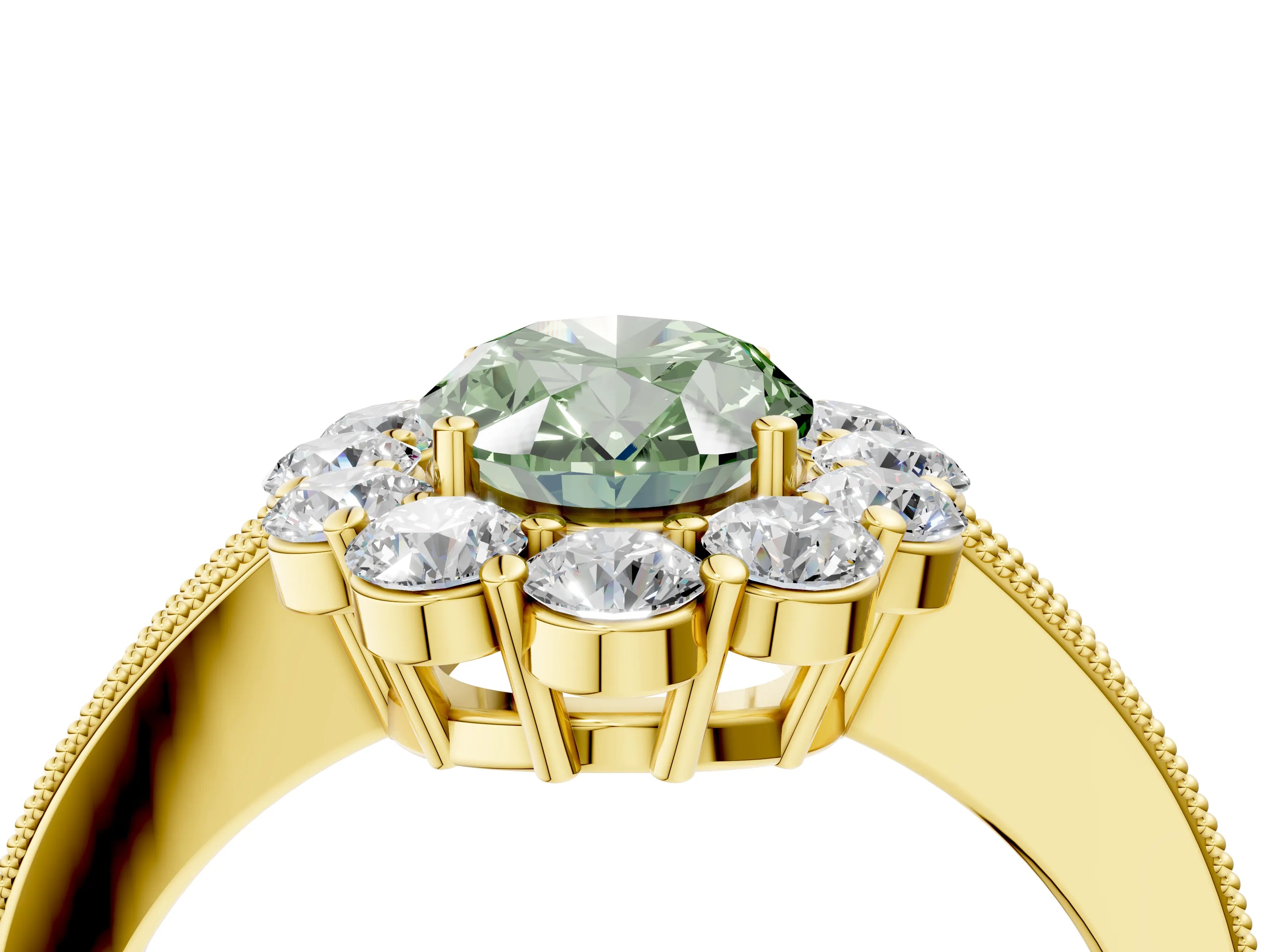 Yellow gold Fancy Green Oval Cut Cut Halo Diamond Pavé Engagement Ring with Milgrain Detailing_4