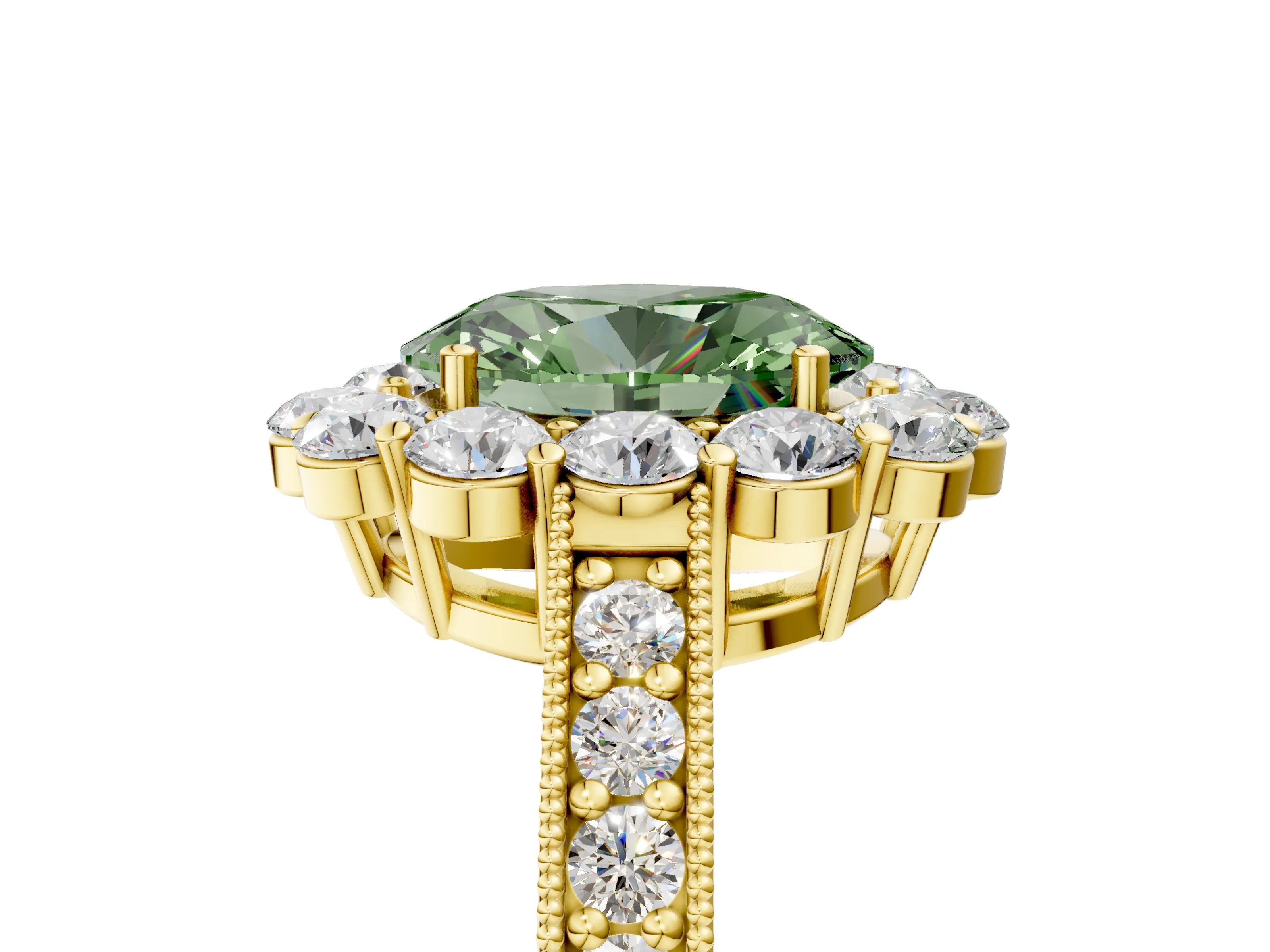 Yellow gold Fancy Green Oval Cut Cut Halo Diamond Pavé Engagement Ring with Milgrain Detailing_5
