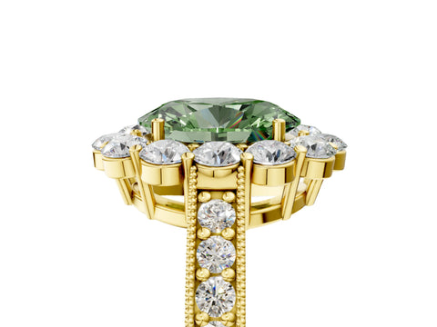 Yellow gold Fancy Green Oval Cut Cut Halo Diamond Pavé Engagement Ring with Milgrain Detailing_5
