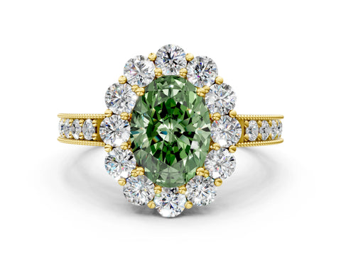 Yellow gold Fancy Green Oval Cut Cut Halo Diamond Pavé Engagement Ring with Milgrain Detailing