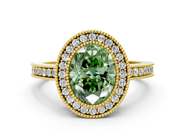 Yellow Gold Oval Double Milgrain Halo Engagement Ring Setting for Fancy Green Center