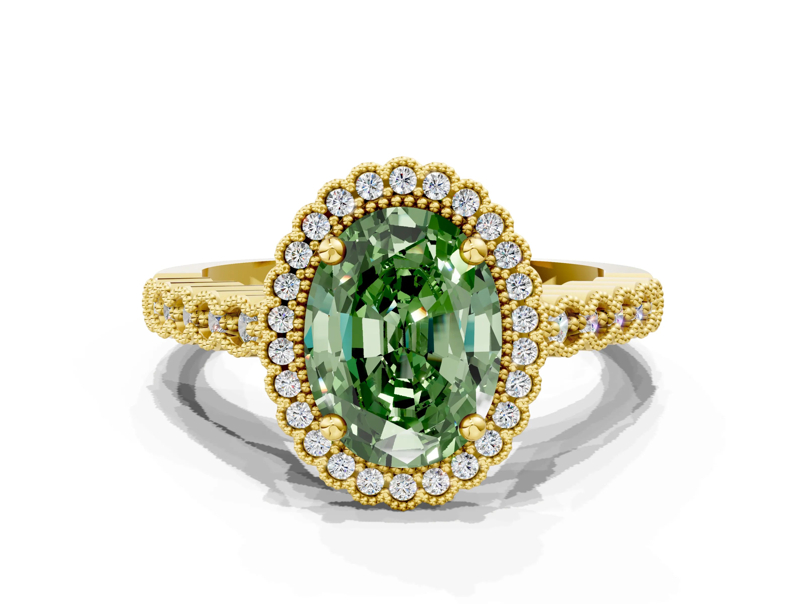 Yellow gold Fancy Green Oval Cut Cut Halo Pavé Solitaire Ring with Milgrain Band