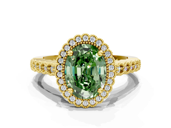 Yellow gold Fancy Green Oval Cut Cut Halo Pavé Solitaire Ring with Milgrain Band