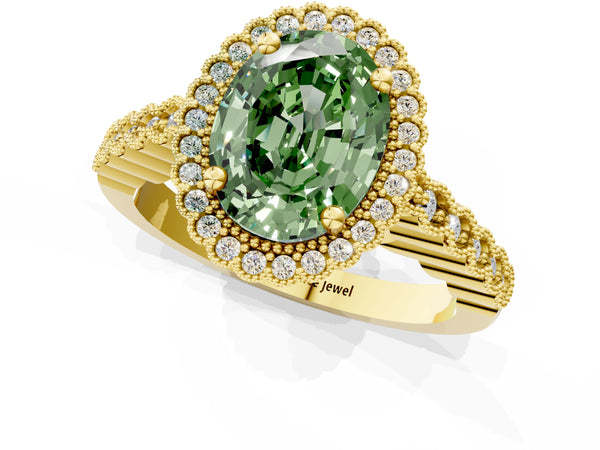 Yellow gold Fancy Green Oval Cut Cut Halo Pavé Solitaire Ring with Milgrain Band