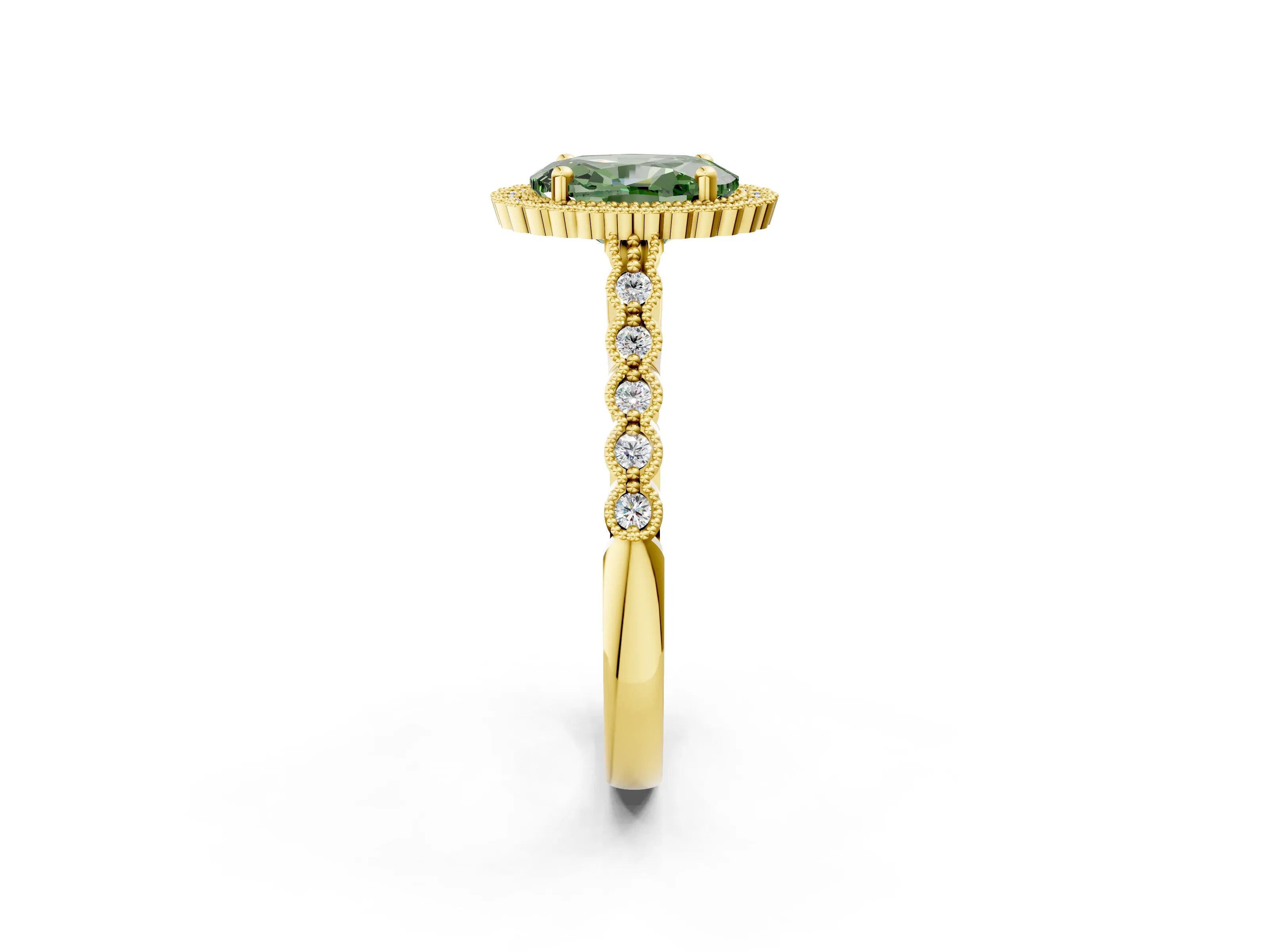 Yellow gold Fancy Green Oval Cut Cut Halo Pavé Solitaire Ring with Milgrain Band_2