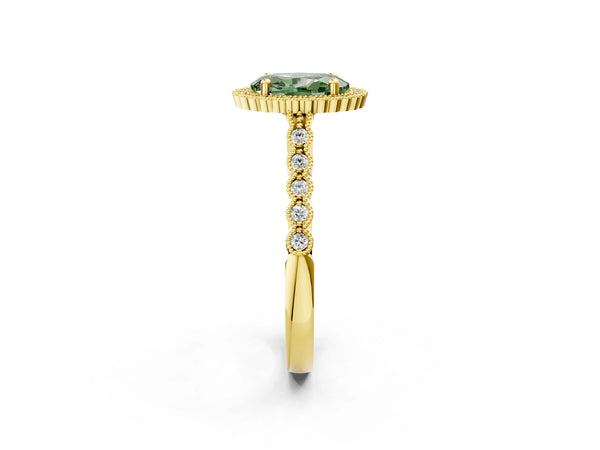 Yellow gold Fancy Green Oval Cut Cut Halo Pavé Solitaire Ring with Milgrain Band