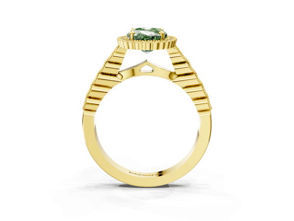 Yellow gold Fancy Green Oval Cut Cut Halo Pavé Solitaire Ring with Milgrain Band
