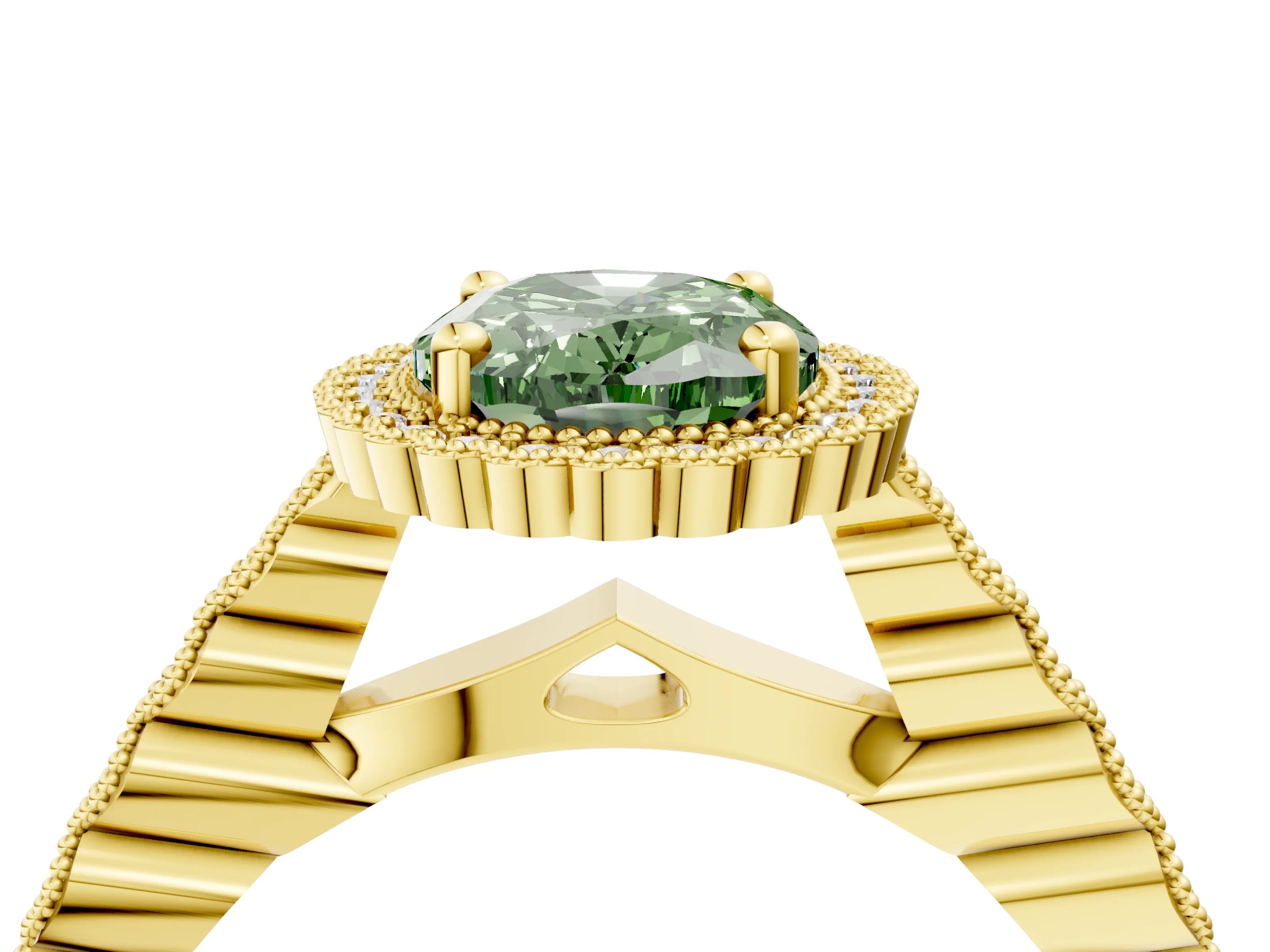 Yellow gold Fancy Green Oval Cut Cut Halo Pavé Solitaire Ring with Milgrain Band_4