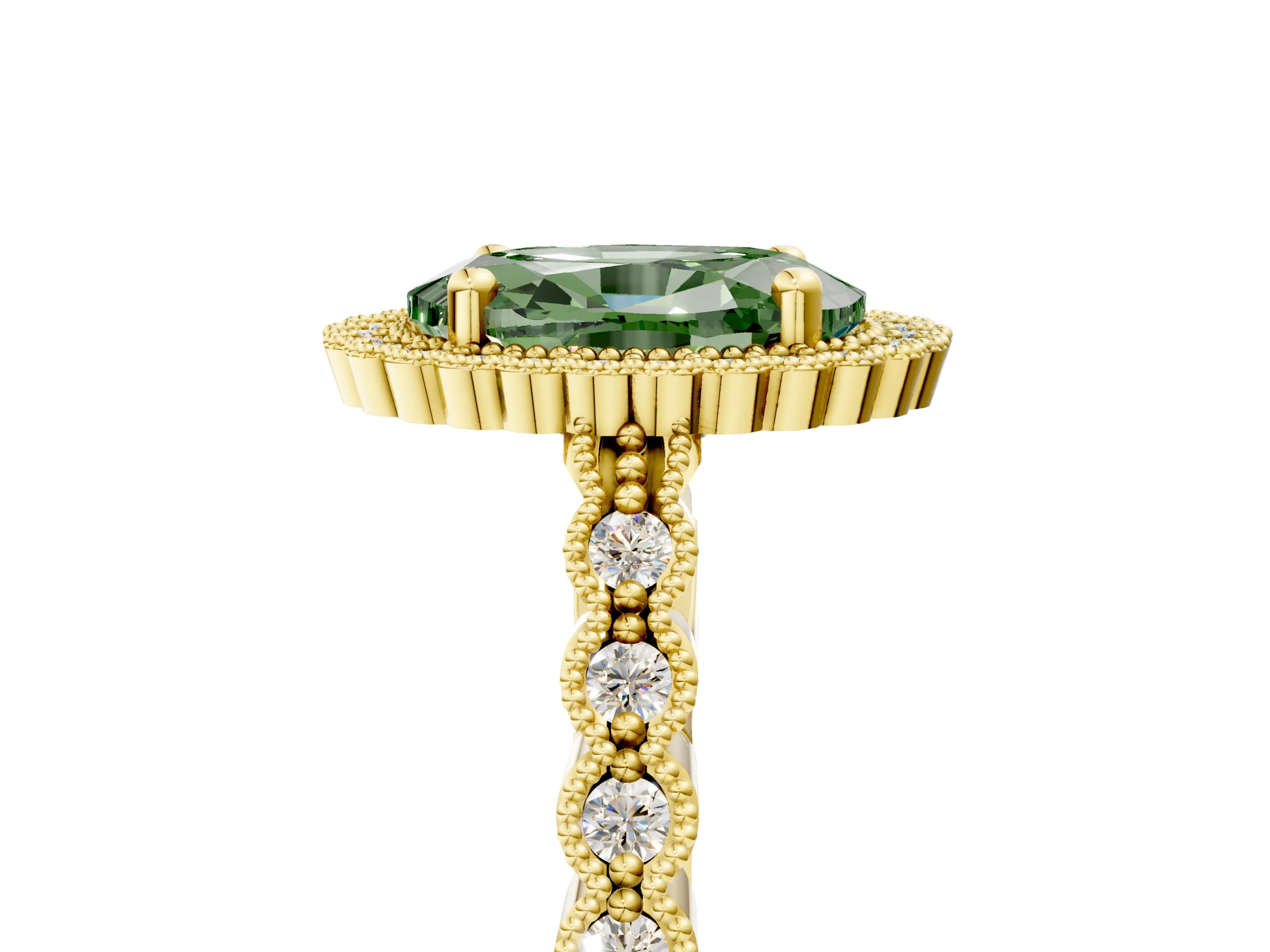 Yellow gold Fancy Green Oval Cut Cut Halo Pavé Solitaire Ring with Milgrain Band_5