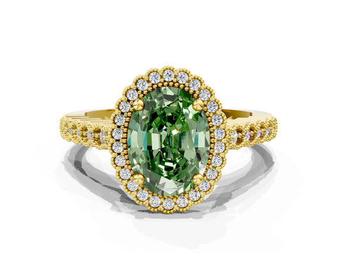 Yellow gold Fancy Green Oval Cut Cut Halo Pavé Solitaire Ring with Milgrain Band