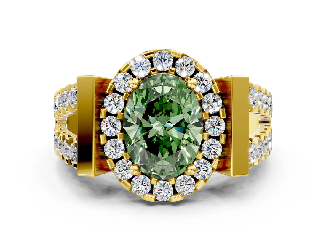 Yellow gold Fancy Green Oval Cut Cut Halo Split Shank Prong Set Ring