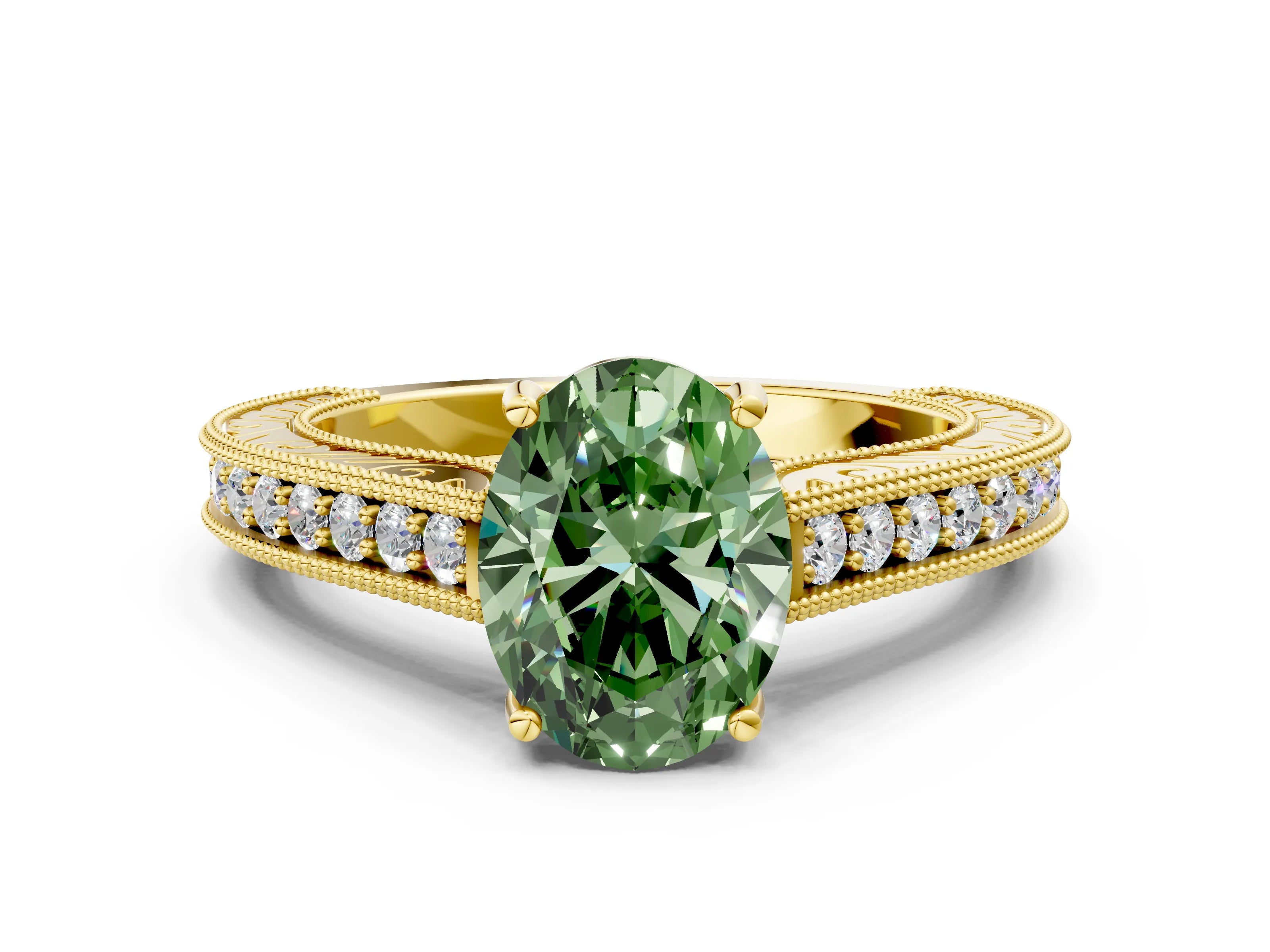 Yellow gold Fancy Green Oval Cut Cut Pave Band Milgrain Solitaire Ring