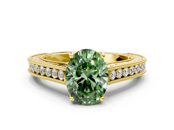 Yellow gold Fancy Green Oval Cut Cut Pave Band Milgrain Solitaire Ring
