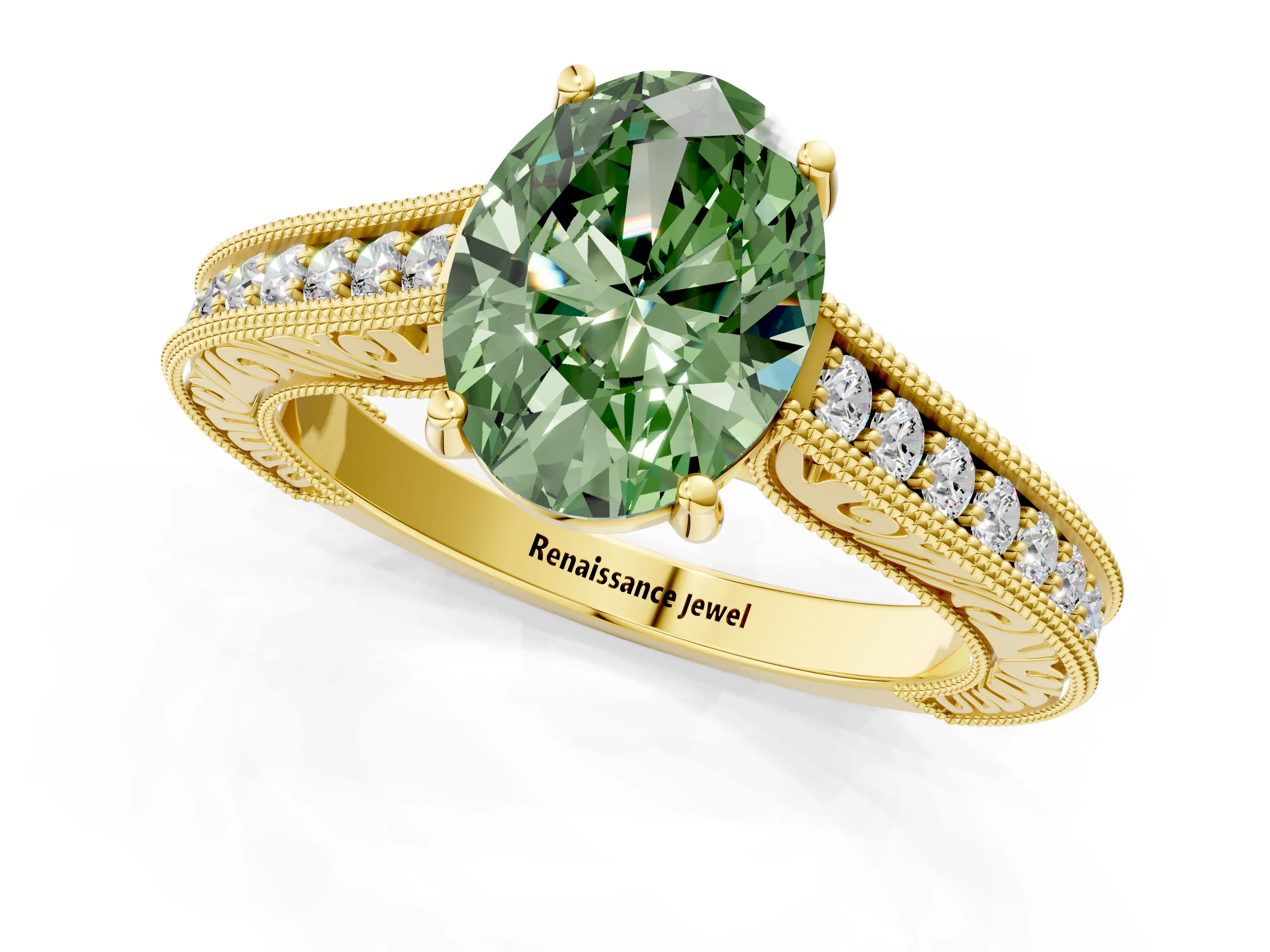 Yellow gold Fancy Green Oval Cut Cut Pave Band Milgrain Solitaire Ring_1