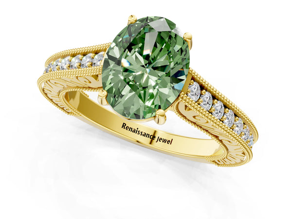 Yellow gold Fancy Green Oval Cut Cut Pave Band Milgrain Solitaire Ring