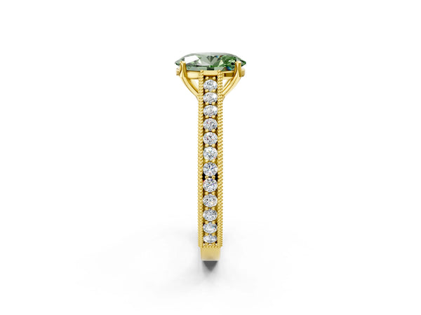 Yellow gold Fancy Green Oval Cut Cut Pave Band Milgrain Solitaire Ring