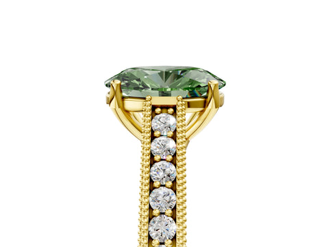 Yellow gold Fancy Green Oval Cut Cut Pave Band Milgrain Solitaire Ring_5