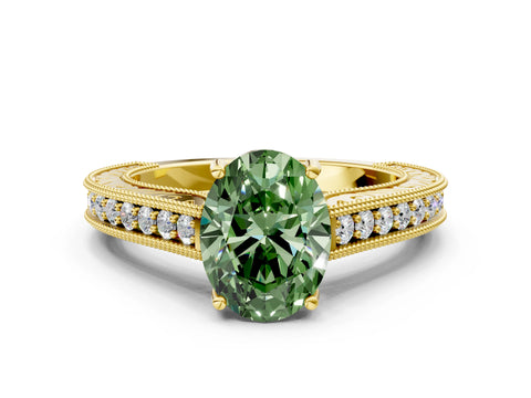 Yellow gold Fancy Green Oval Cut Cut Pave Band Milgrain Solitaire Ring