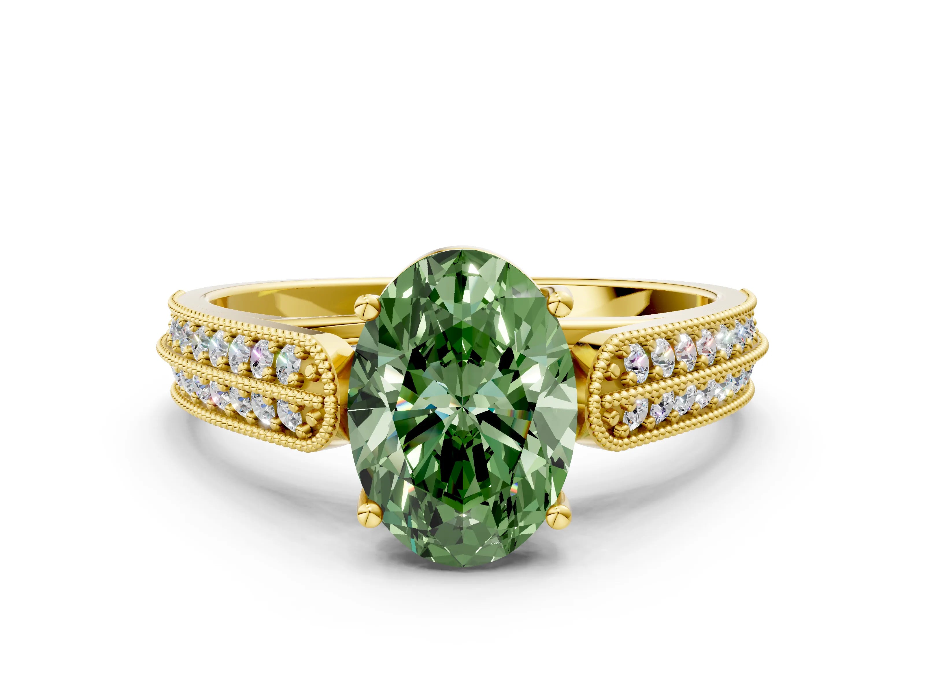 Yellow gold Fancy Green Oval Cut Cut Pave Split Shank Engagement Ring with Four-Prong Setting