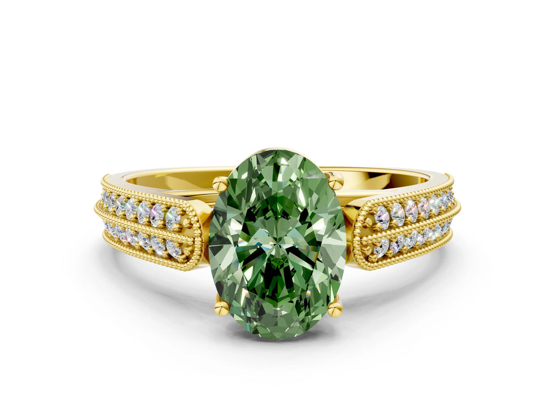Yellow gold Fancy Green Oval Cut Cut Pave Split Shank Engagement Ring with Four-Prong Setting