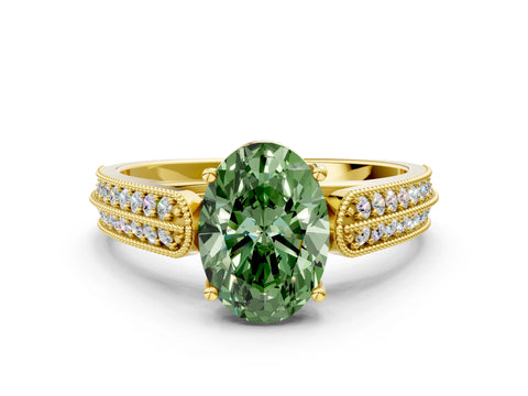 Yellow gold Fancy Green Oval Cut Cut Pave Split Shank Engagement Ring with Four-Prong Setting