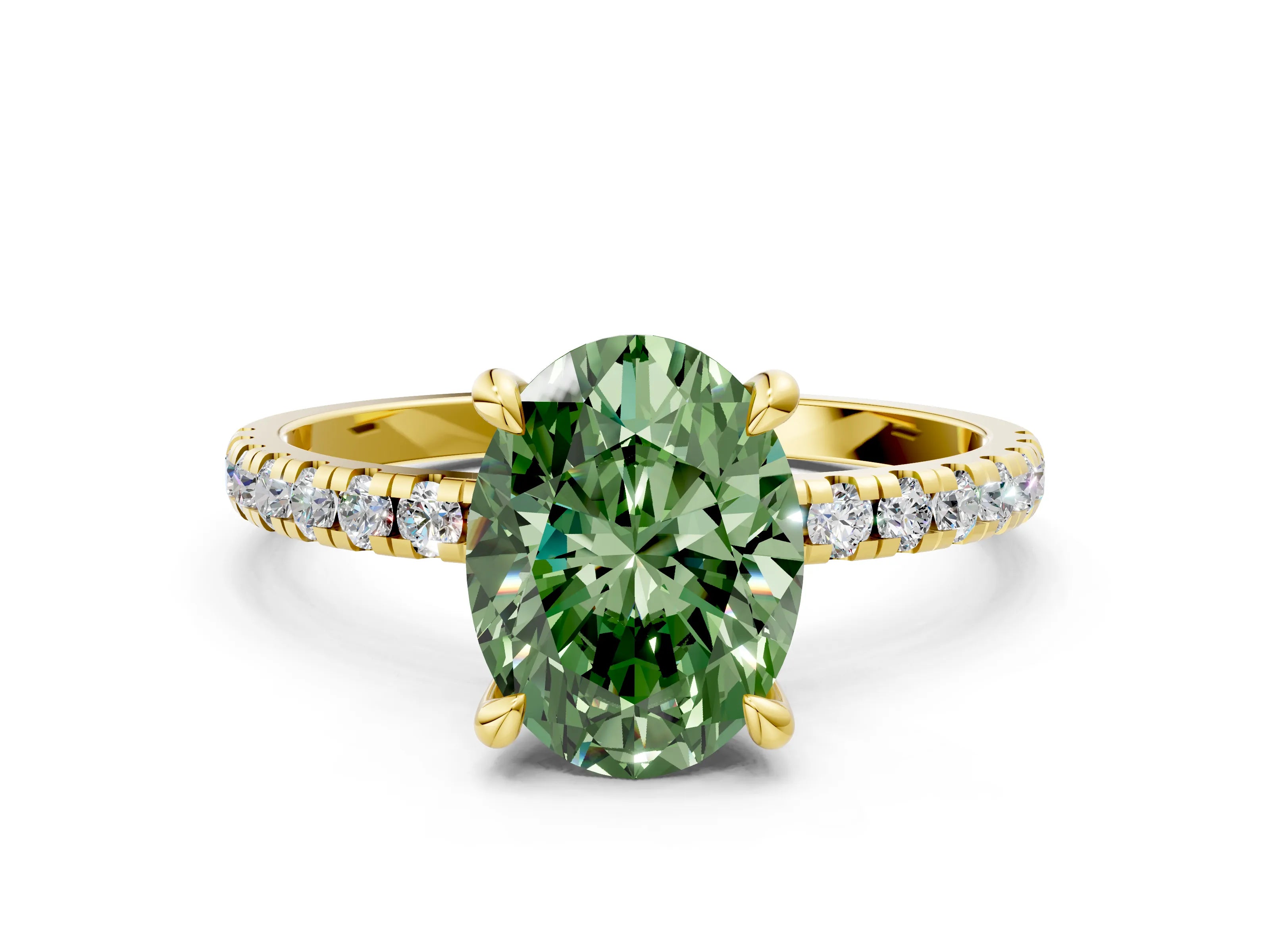 Yellow gold Fancy Green Oval Cut Diamond Brilliant Solitaire Ring with Pavé Band and Four-Prong Setting