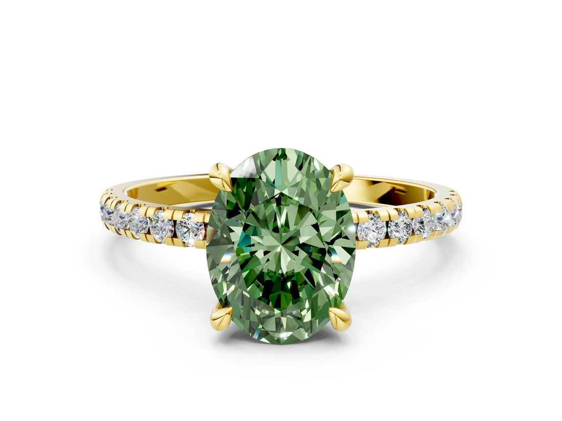 Yellow gold Fancy Green Oval Cut Diamond Brilliant Solitaire Ring with Pavé Band and Four-Prong Setting_12