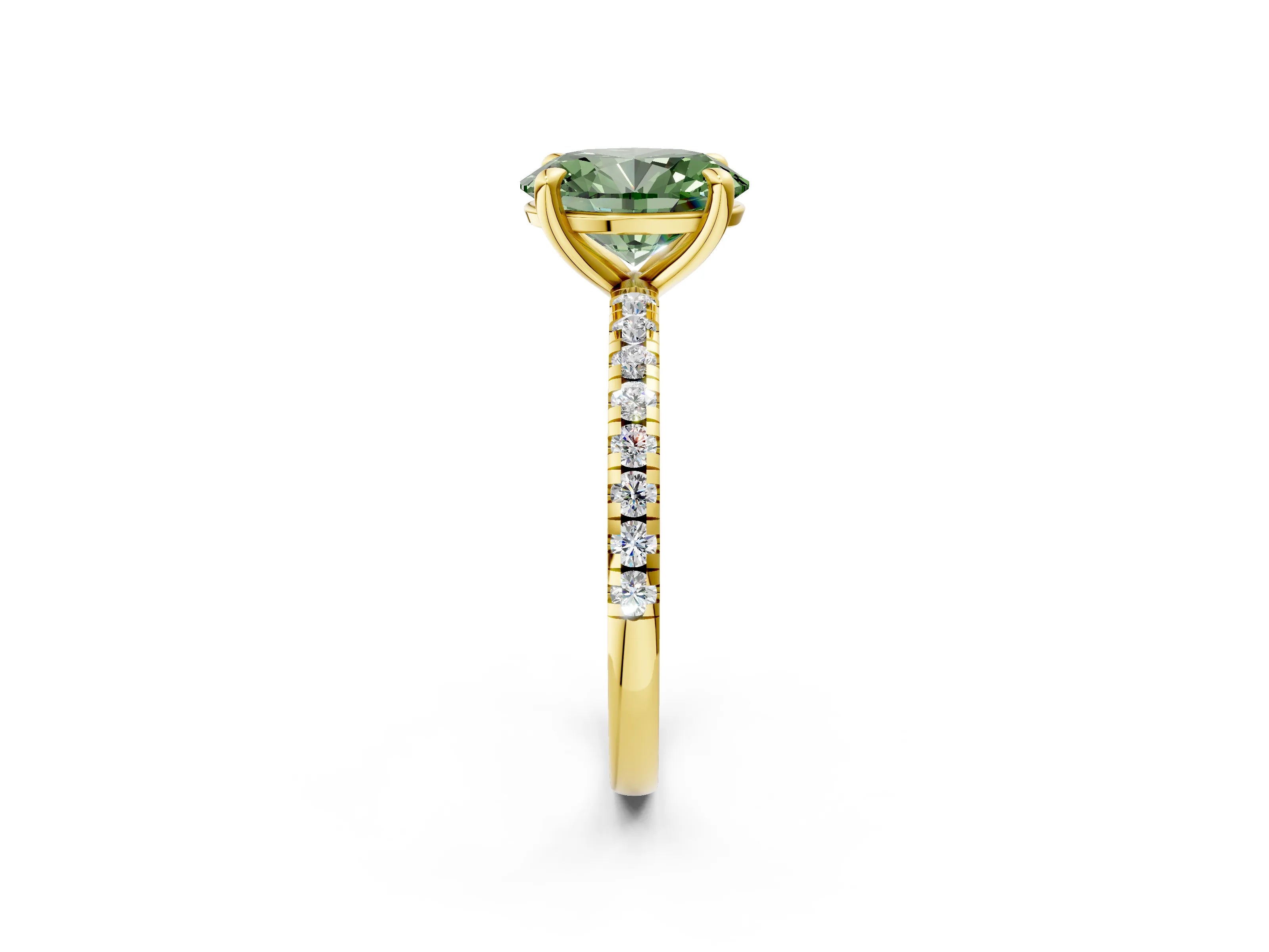 Yellow gold Fancy Green Oval Cut Diamond Brilliant Solitaire Ring with Pavé Band and Four-Prong Setting_2