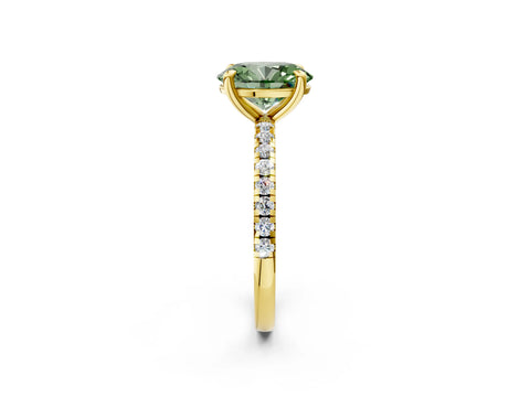 Yellow gold Fancy Green Oval Cut Diamond Brilliant Solitaire Ring with Pavé Band and Four-Prong Setting_2