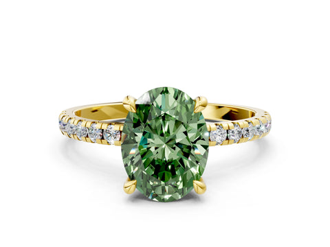 Yellow gold Fancy Green Oval Cut Diamond Brilliant Solitaire Ring with Pavé Band and Four-Prong Setting
