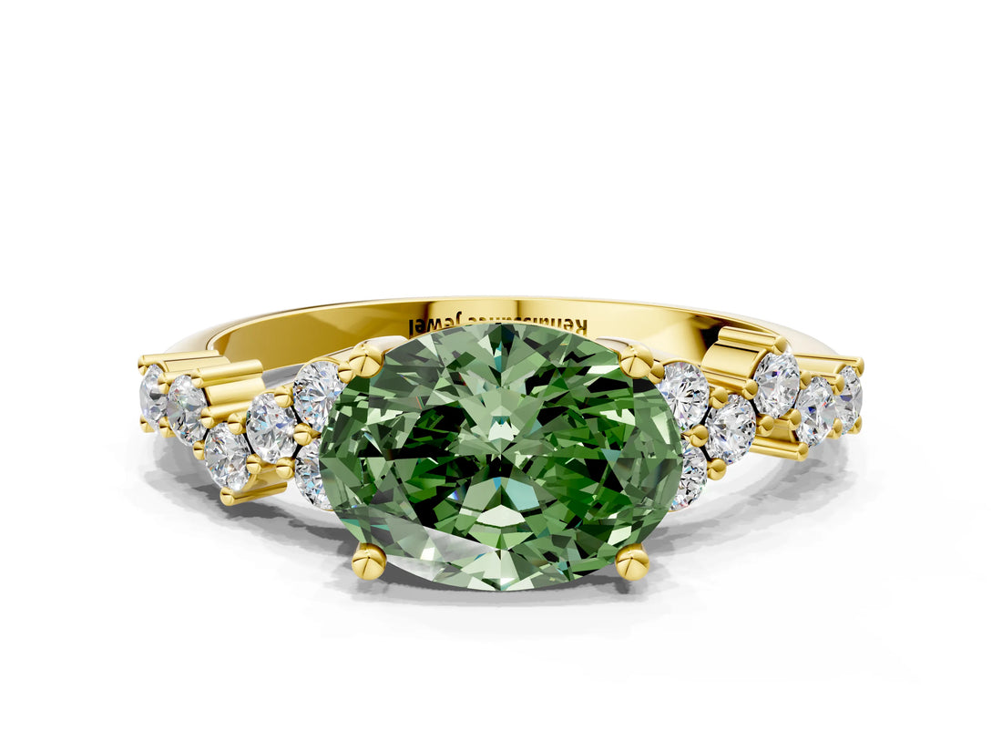 Yellow gold Fancy Green Oval Cut Diamond Cluster Pavé Band with Four-Prong Setting_3