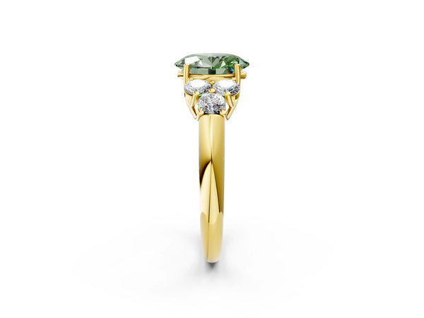 Yellow gold Fancy Green Oval  Cut Diamond Cluster Ring with Round Accent Stones and Prong Setting on a Classic Band