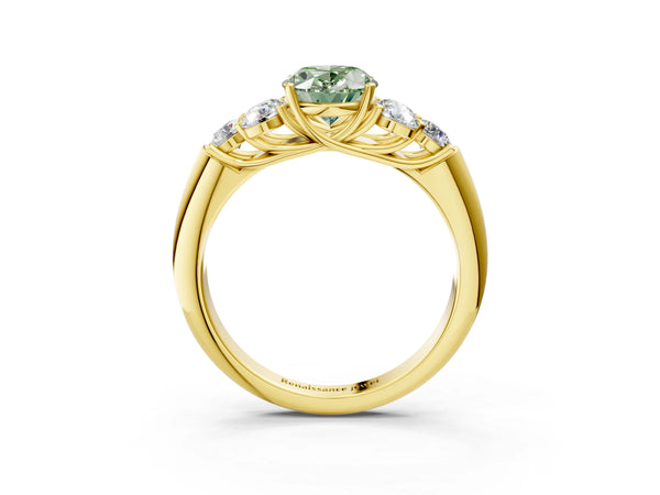 Yellow gold Fancy Green Oval  Cut Diamond Cluster Ring with Round Accent Stones and Prong Setting on a Classic Band