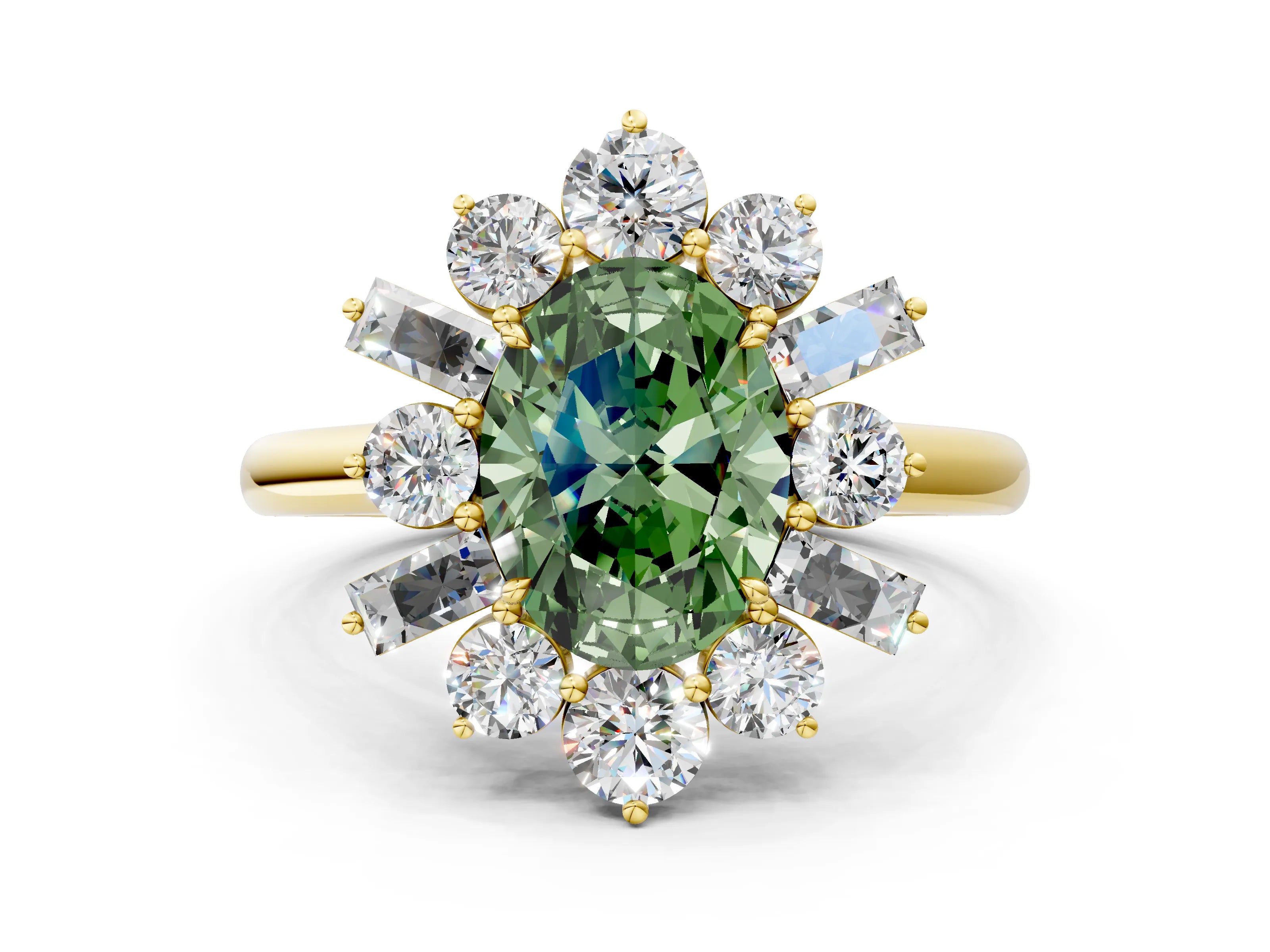 Yellow gold Fancy Green Oval Cut Diamond Cluster Ring with Round and Baguette Stones, Split Shank Band, Prong Setting