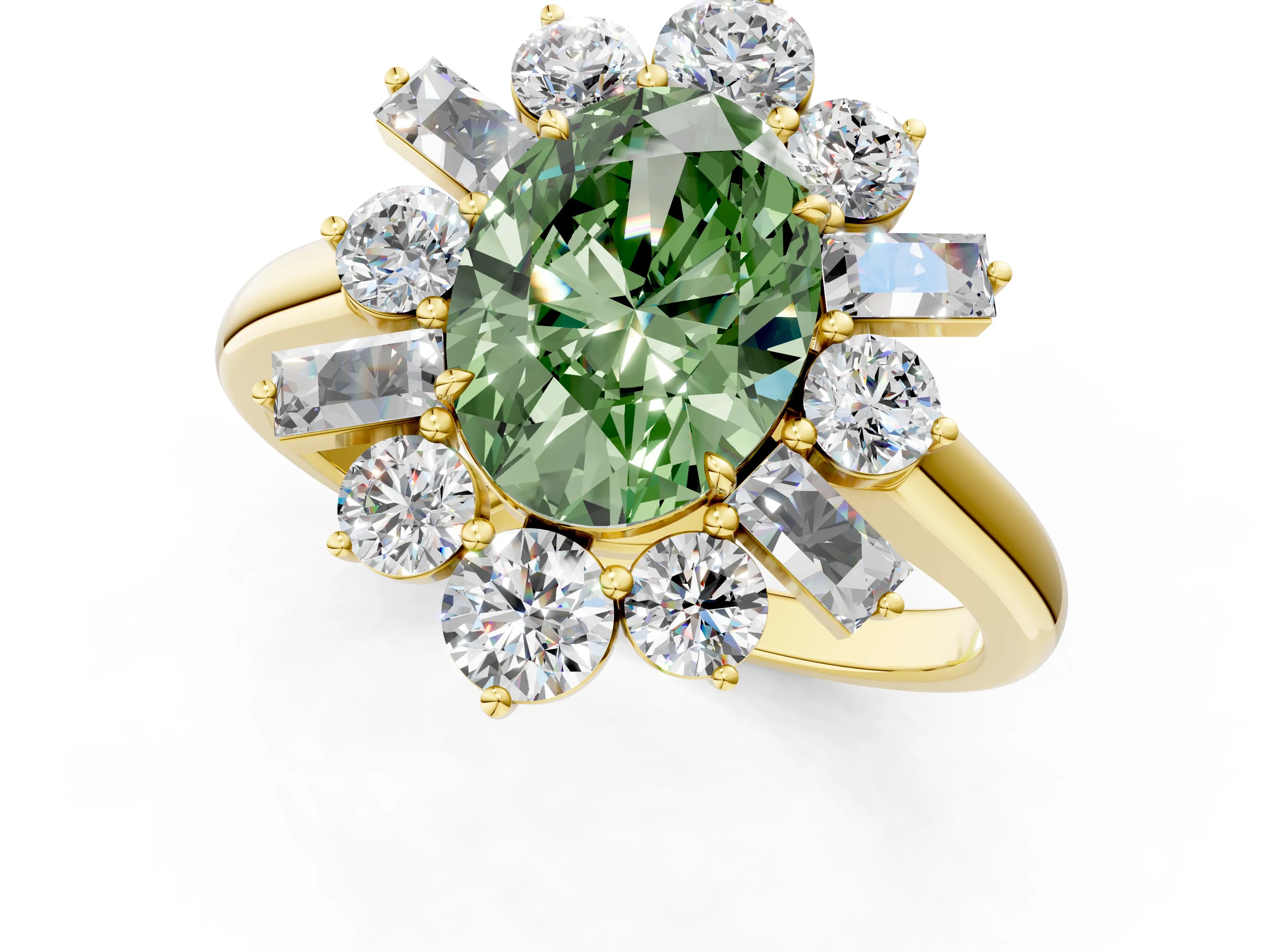 Yellow gold Fancy Green Oval Cut Diamond Cluster Ring with Round and Baguette Stones, Split Shank Band, Prong Setting_1