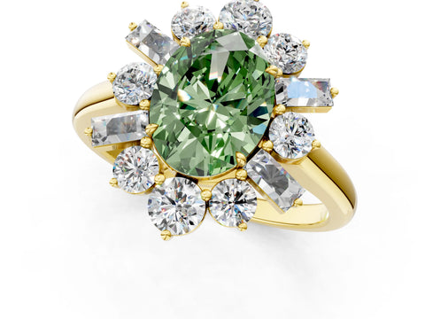 Yellow gold Fancy Green Oval Cut Diamond Cluster Ring with Round and Baguette Stones, Split Shank Band, Prong Setting_1