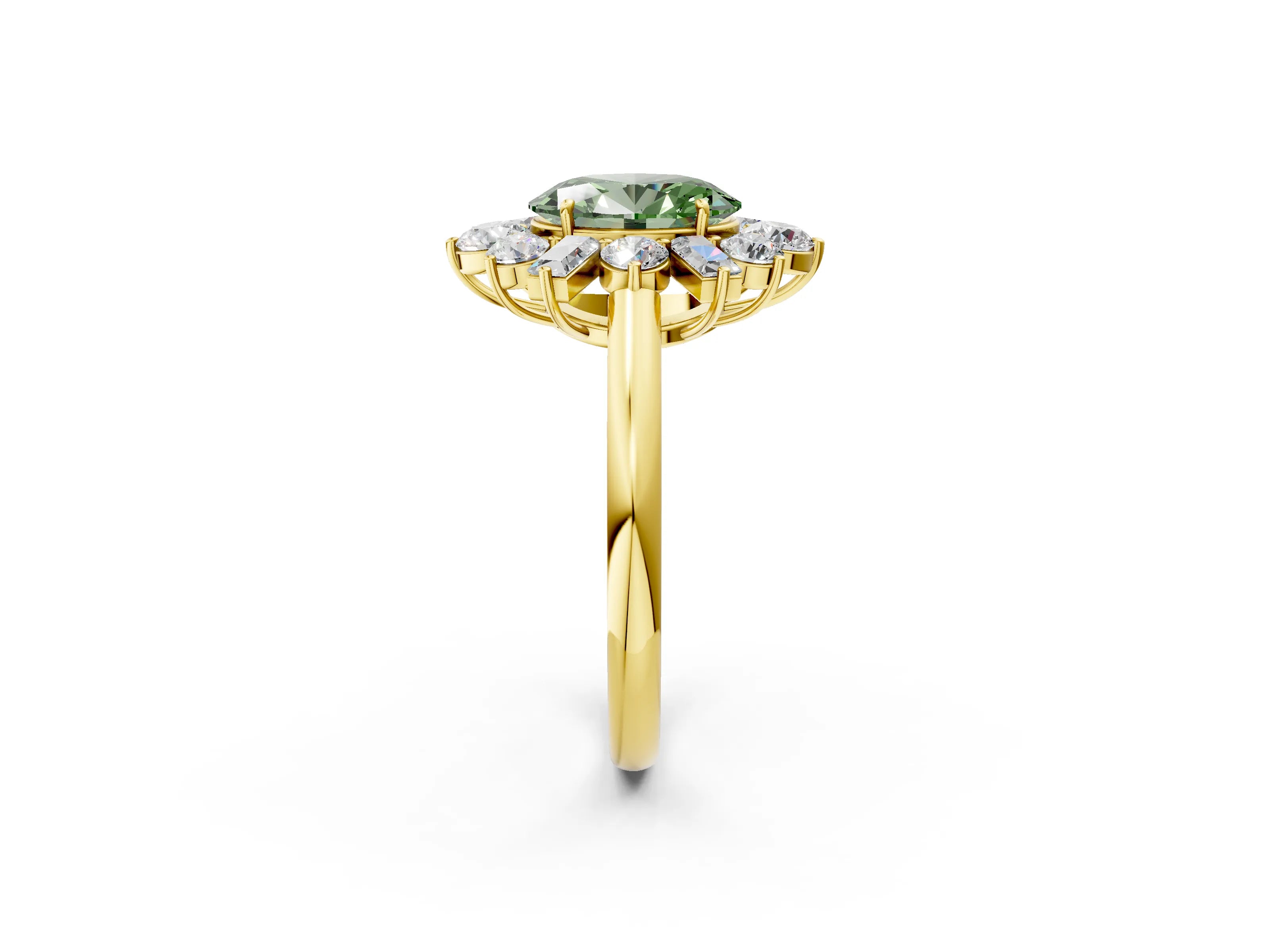 Yellow gold Fancy Green Oval Cut Diamond Cluster Ring with Round and Baguette Stones, Split Shank Band, Prong Setting_2