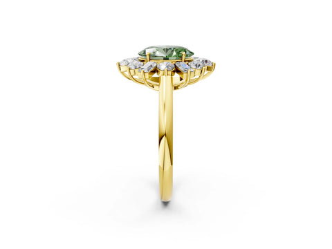 Yellow gold Fancy Green Oval Cut Diamond Cluster Ring with Round and Baguette Stones, Split Shank Band, Prong Setting_2