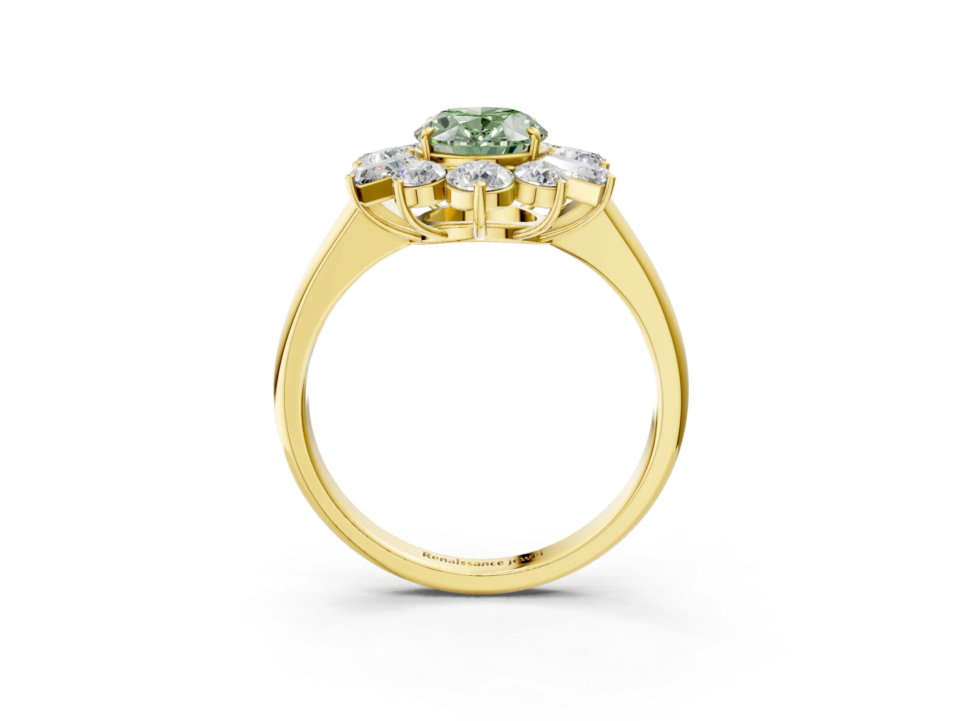 Yellow gold Fancy Green Oval Cut Diamond Cluster Ring with Round and Baguette Stones, Split Shank Band, Prong Setting_3