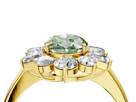 Yellow gold Fancy Green Oval Cut Diamond Cluster Ring with Round and Baguette Stones, Split Shank Band, Prong Setting_4