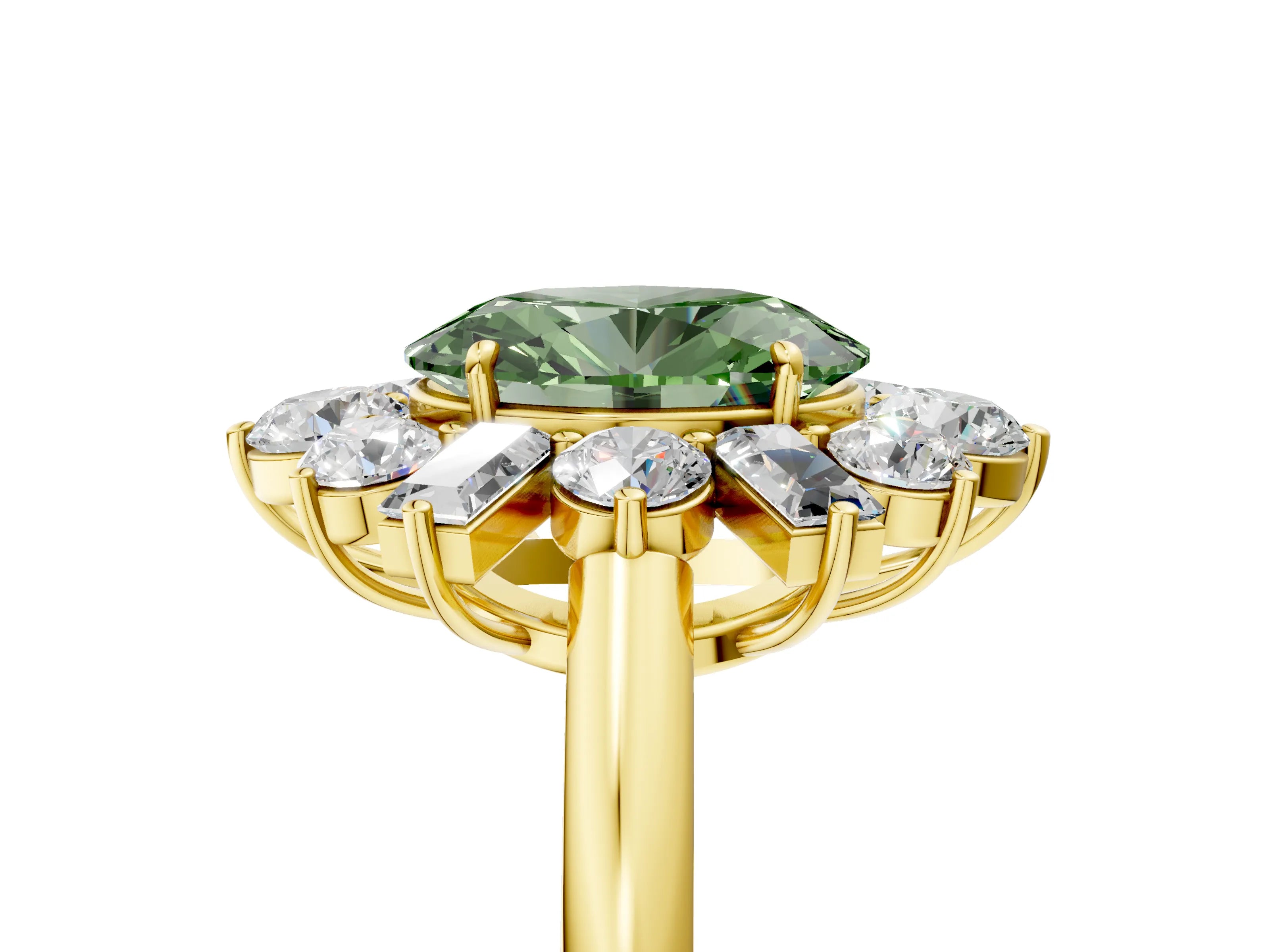 Yellow gold Fancy Green Oval Cut Diamond Cluster Ring with Round and Baguette Stones, Split Shank Band, Prong Setting_5