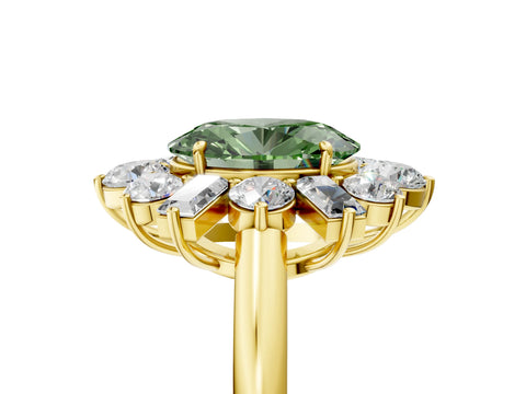 Yellow gold Fancy Green Oval Cut Diamond Cluster Ring with Round and Baguette Stones, Split Shank Band, Prong Setting_5