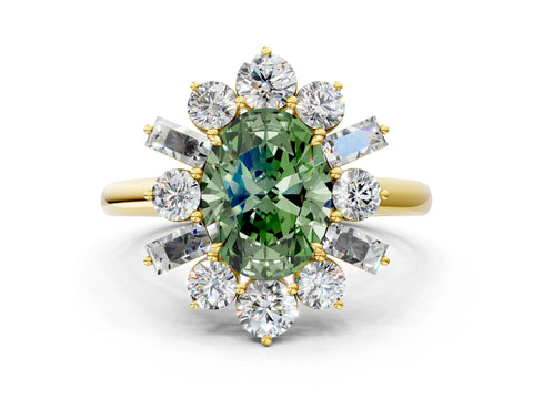 Yellow gold Fancy Green Oval Cut Diamond Cluster Ring with Round and Baguette Stones, Split Shank Band, Prong Setting