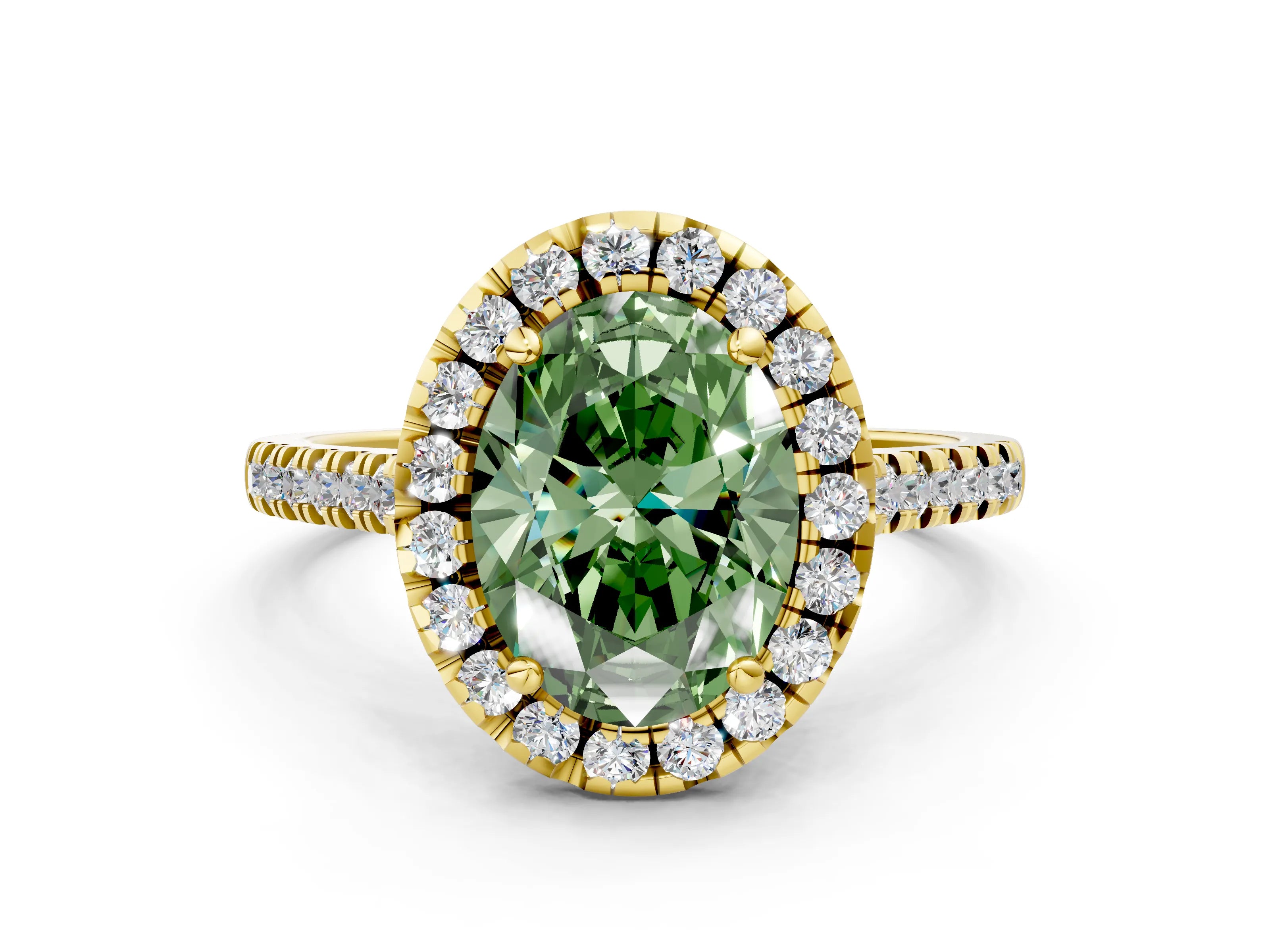 Yellow gold Fancy Green Oval Cut Diamond Cushion Halo Ring with Pavé Band