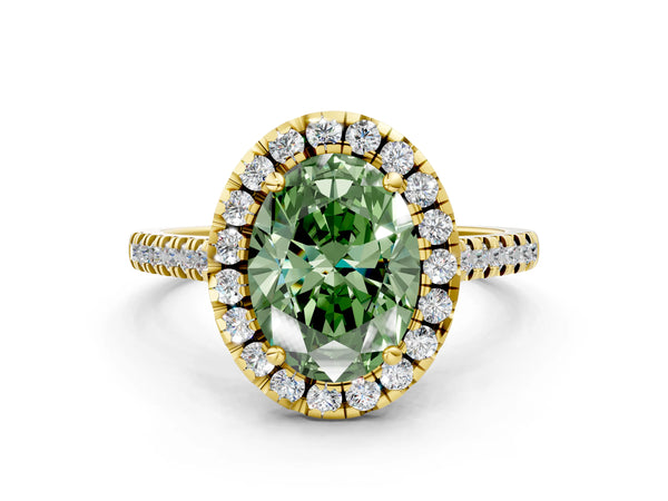 Yellow gold Fancy Green Oval Cut Diamond Cushion Halo Ring with Pavé Band