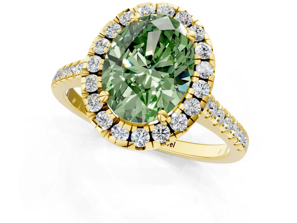 Yellow gold Fancy Green Oval Cut Diamond Cushion Halo Ring with Pavé Band