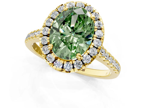 Yellow gold Fancy Green Oval Cut Diamond Cushion Halo Ring with Pavé Band_1