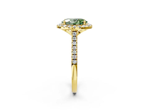 Yellow gold Fancy Green Oval Cut Diamond Cushion Halo Ring with Pavé Band_2