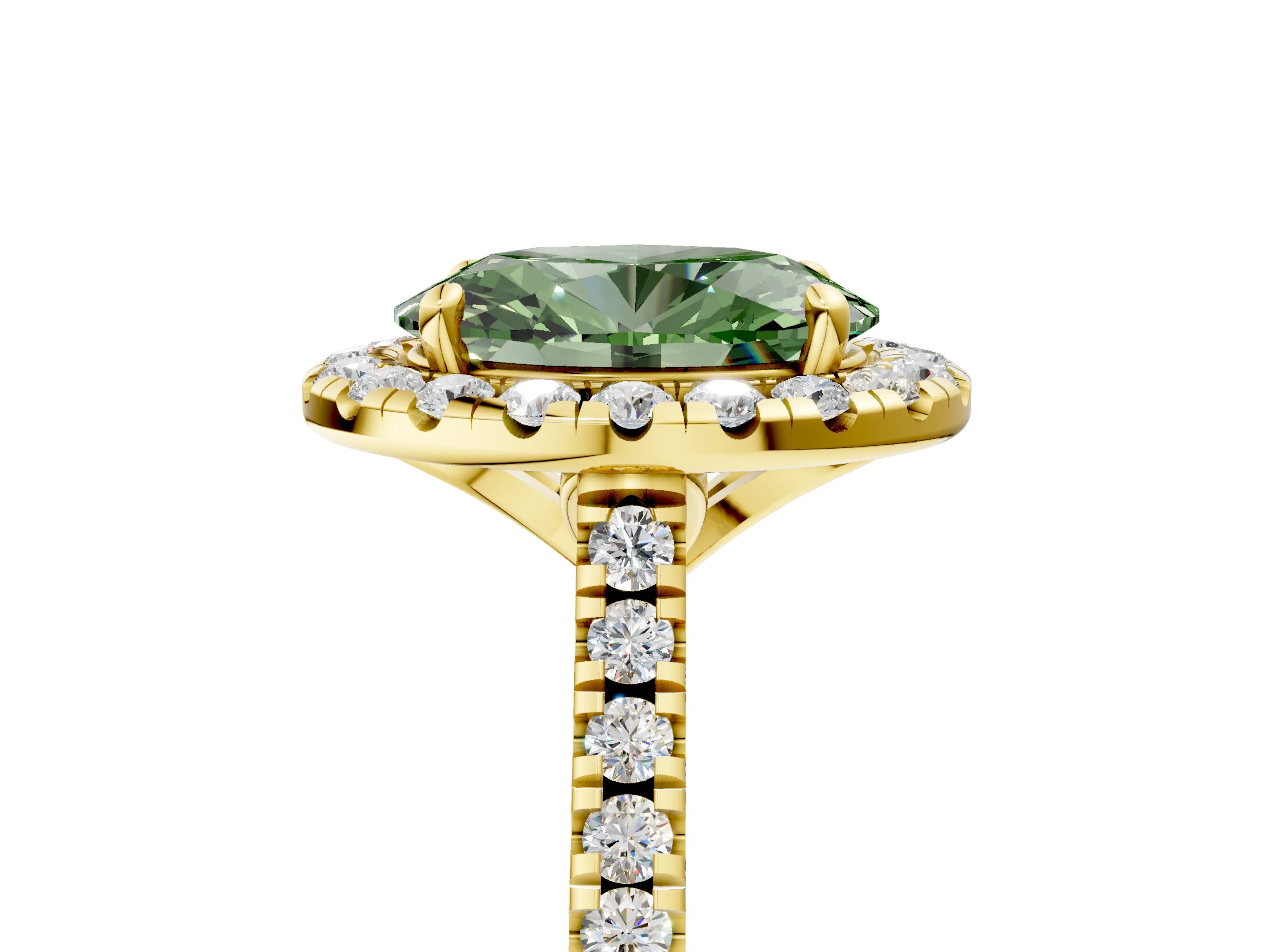 Yellow gold Fancy Green Oval Cut Diamond Cushion Halo Ring with Pavé Band_5