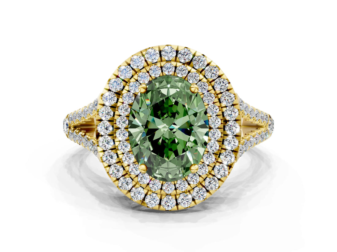 Yellow gold Fancy Green Oval Cut Diamond Double Halo Ring with Pavé Band and Prong Setting_76
